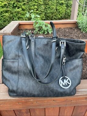 Michael Kors Black Leather Tote with MK Charm